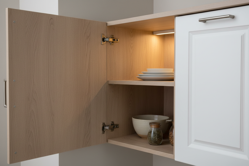Diagonal corner cabinet door open showing pie-cut interior shelf with items, adjacent wall cabinet visible