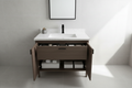 Modern bathroom with 30-inch vanity cabinet, quartz countertop, undermount sink, doors open, matte black hardware