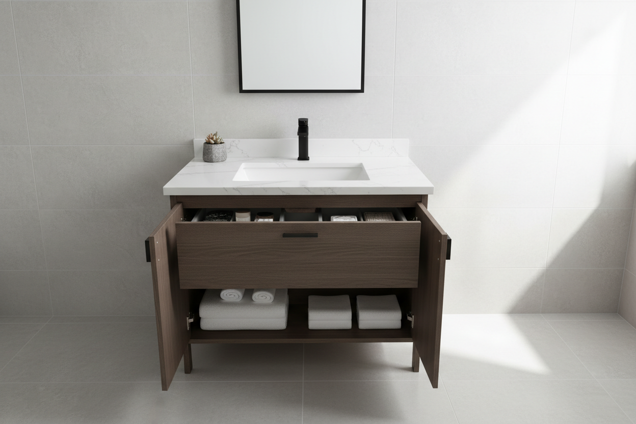 Modern bathroom with 30-inch vanity cabinet, quartz countertop, undermount sink, doors open, matte black hardware