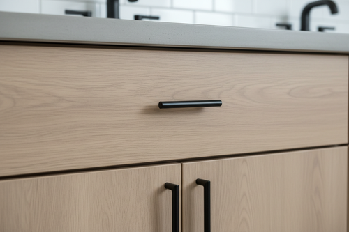 Close-up of vanity drawer front and two door fronts showing laser-banded edges and uniform reveal gap with matte black pull