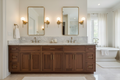 60 inch double bathroom vanity with marble top, two undermount sinks, brushed gold hardware, and sconce lighting in a luxurious master bathroom