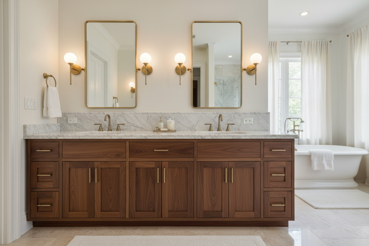 60 inch double bathroom vanity with marble top, two undermount sinks, brushed gold hardware, and sconce lighting in a luxurious master bathroom