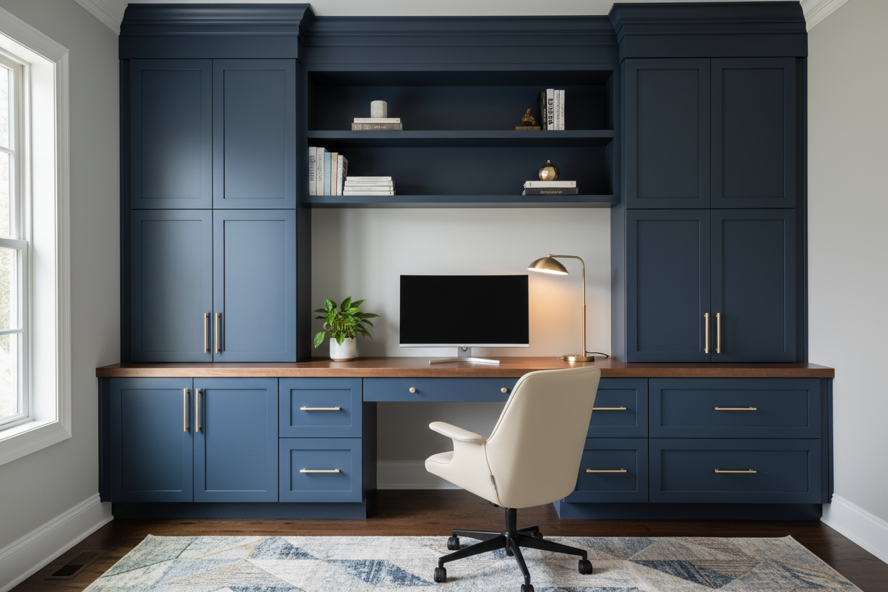 96 inch floor-to-ceiling home office built-in with navy finish, brushed gold pulls, center desk, open shelving, and upper and lower cabinets