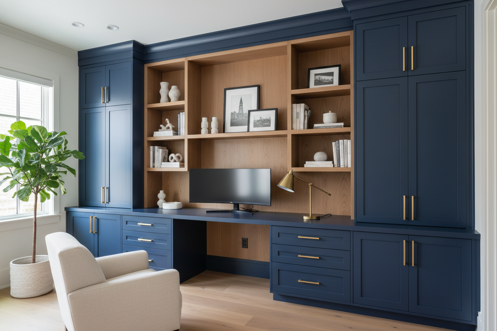 Refined home office with 96-inch floor-to-ceiling navy built-in, desk center section, open shelving, brushed gold pulls