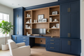 Refined home office with 96-inch floor-to-ceiling navy built-in, desk center section, open shelving, brushed gold pulls