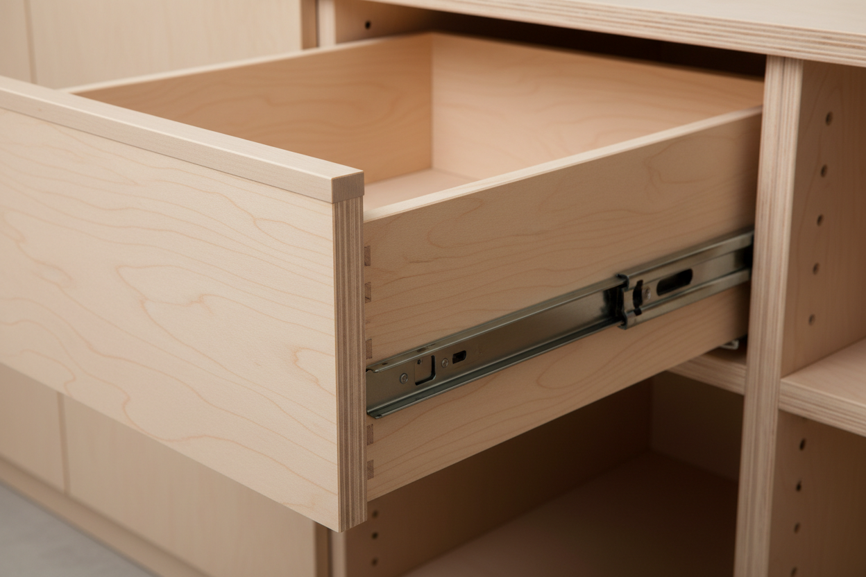 Drawer fully open showing undermount soft-close slide beneath plywood drawer box with laser-banded edge