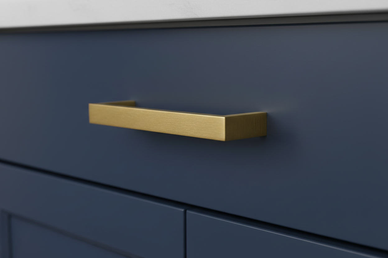 Brushed gold bar pull installed on a flat-front navy cabinet door