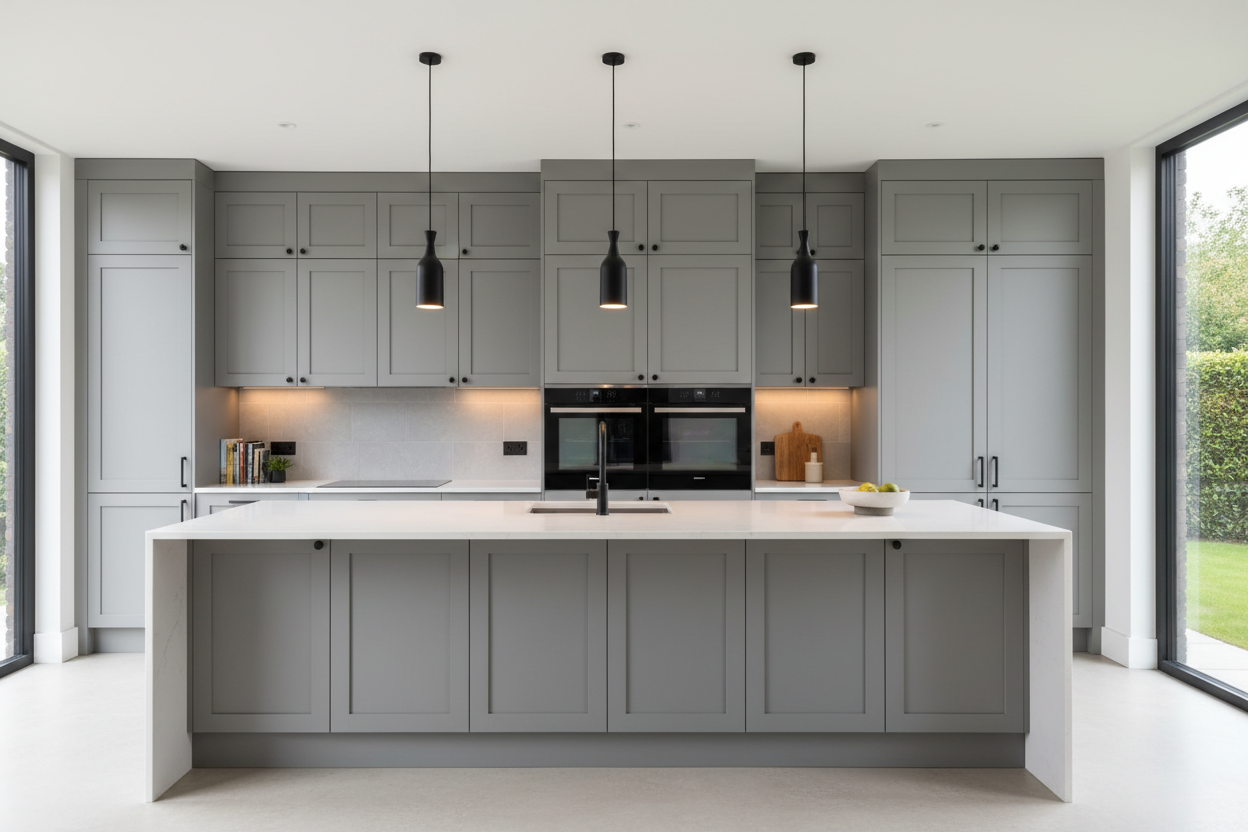 15-cabinet modern kitchen fully installed with gray flat-front cabinets, matte black hardware, waterfall quartz island, and pendant lighting