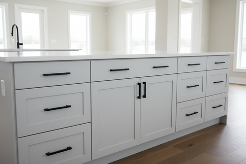 Modern kitchen island base run with 18-inch gray base cabinets, matte black bar pulls, quartz countertop