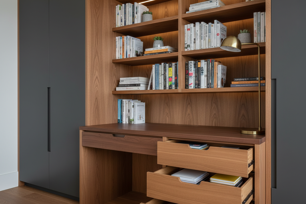 Close-up of desk section with three drawers partially open, open shelving above with books, cabinet doors at left edge