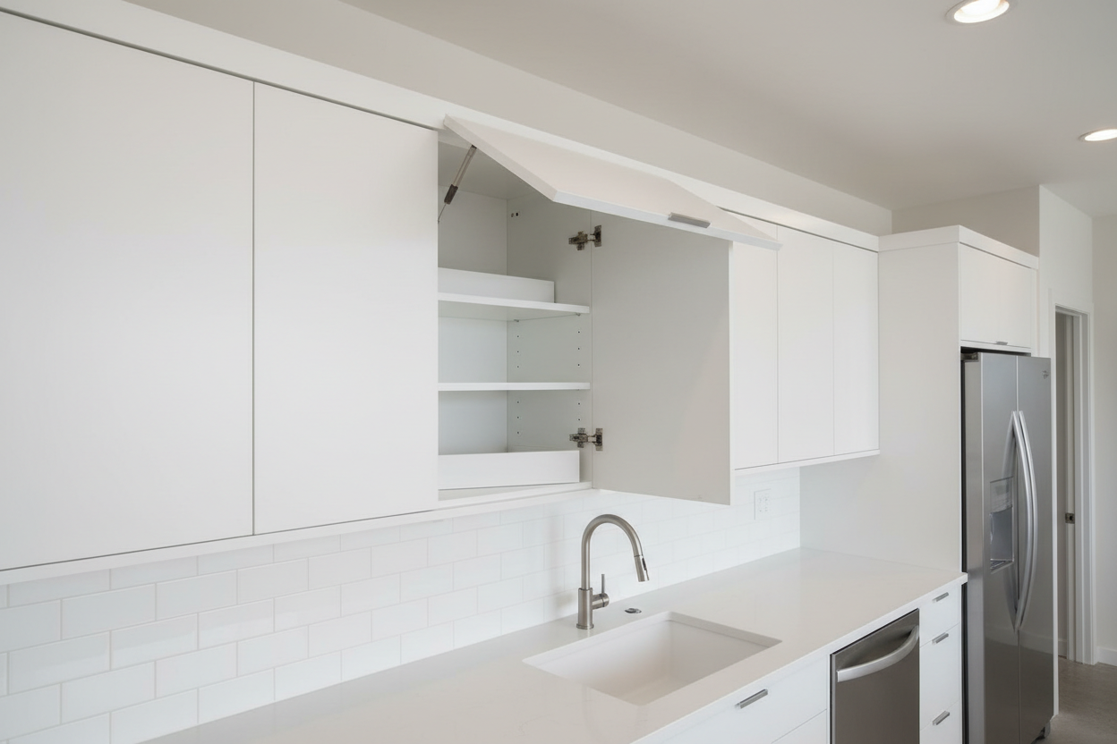 Modern kitchen corner with diagonal wall cabinet fitted between two standard white wall cabinet runs, door open showing pie-cut shelf